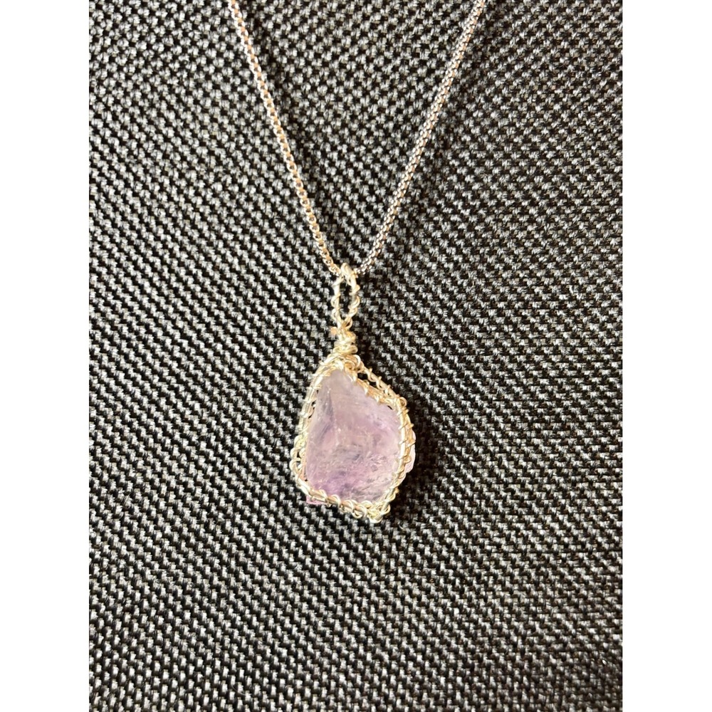 Raw Amethyst Wire Wrapped Pendant Necklace Stainless Steel Box Chain Purple